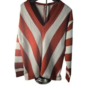 Unbranded Women Rust Orange Cream Chevron Striped V-Neck‎ Knit Sweater Pullover